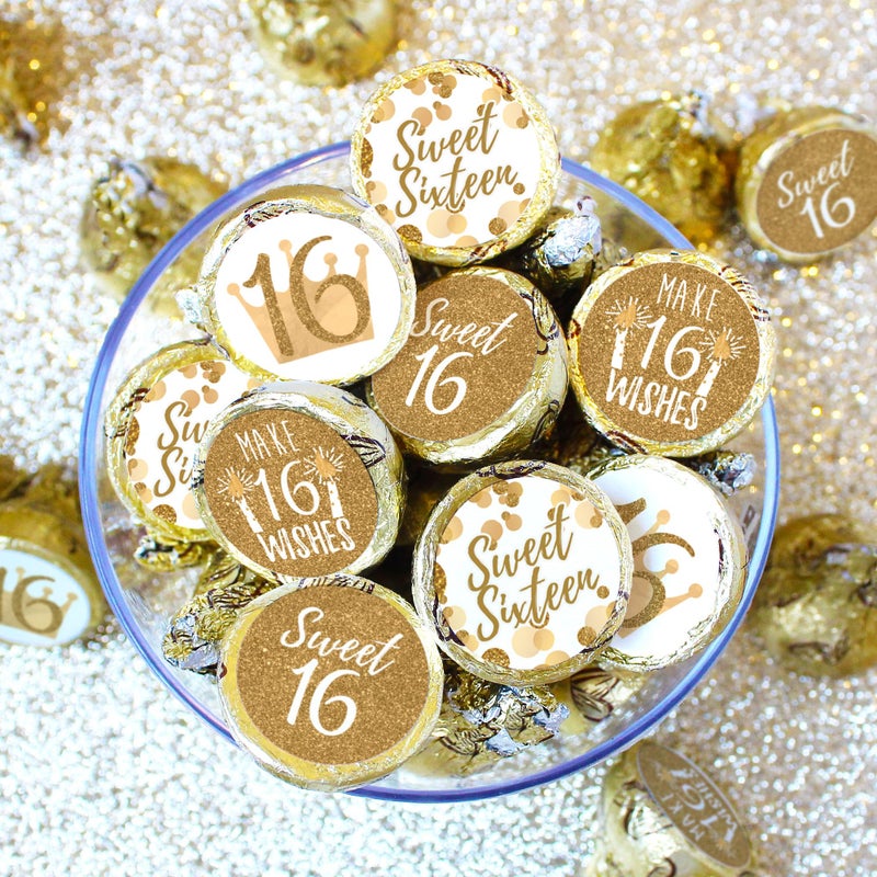 DISTINCTIVS White and Gold Sweet 16 Birthday Party Favor Chocolate Kisses Candy Stickers, Sweet Sixteen Stickers - 180 Count - Image 2